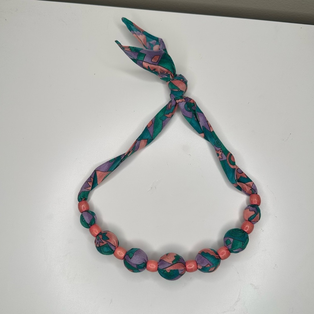 VTG 80s Fabric Bead Necklace Multicolor Geometric Print Jewelry Adjustable Tie - Picture 5 of 6